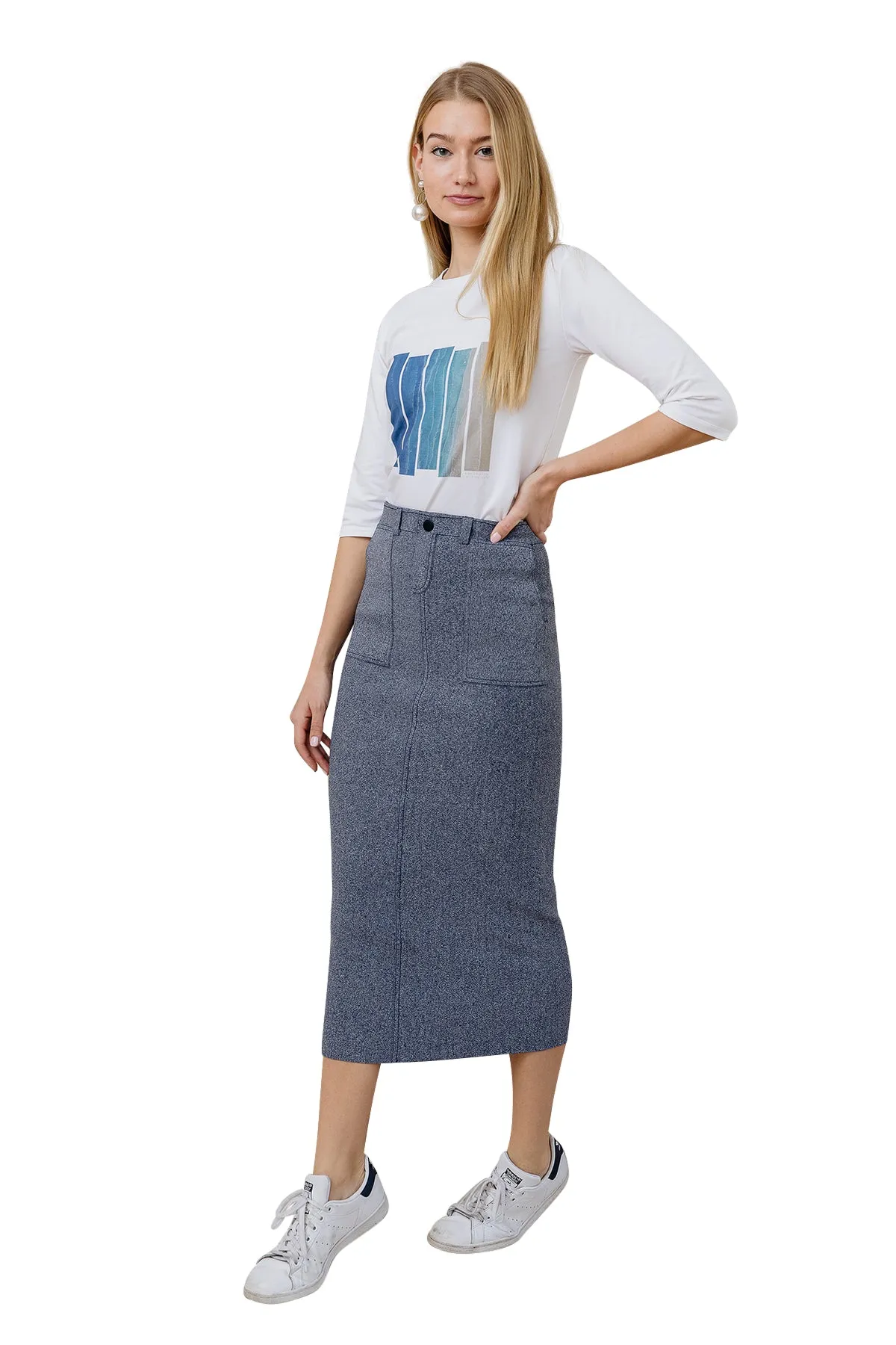 Apparalel Denim Knit Midi Pencil Skirt
