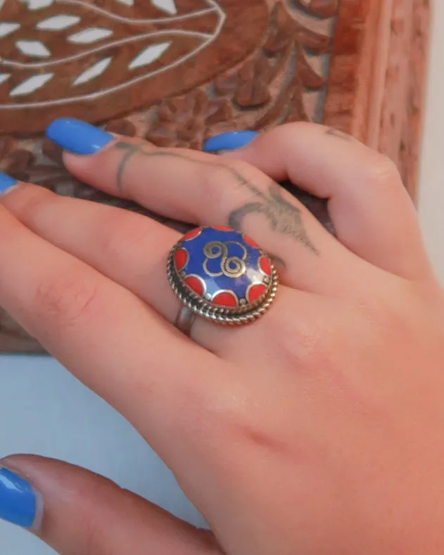 Big tibetan stone ring | Dark blue and red