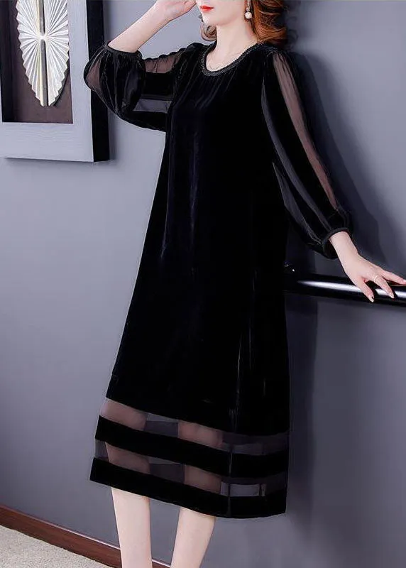Boho Black Oversized Patchwork Silk Velour Long Dresses Bracelet Sleeve LC0083