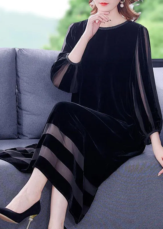 Boho Black Oversized Patchwork Silk Velour Long Dresses Bracelet Sleeve LC0083