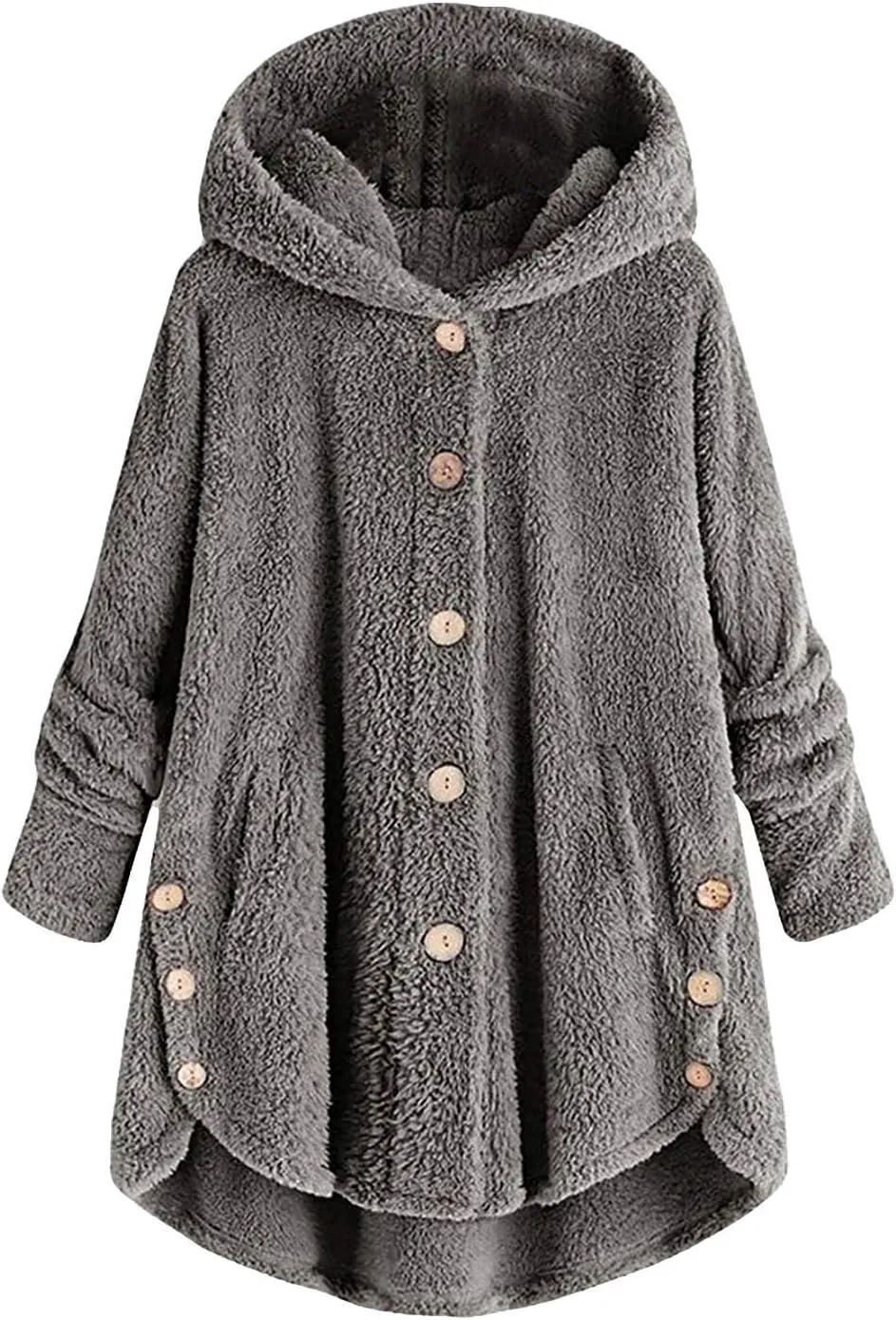 Button Down Cloak Jackets for Women Long Sleeve Fall Hoodies Fuzzy Flannel Jacket Coats Side Slit High Low Outerwears
