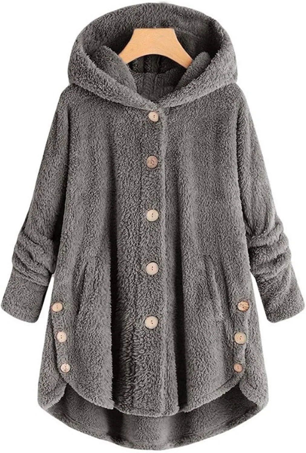 Button Down Cloak Jackets for Women Long Sleeve Fall Hoodies Fuzzy Flannel Jacket Coats Side Slit High Low Outerwears