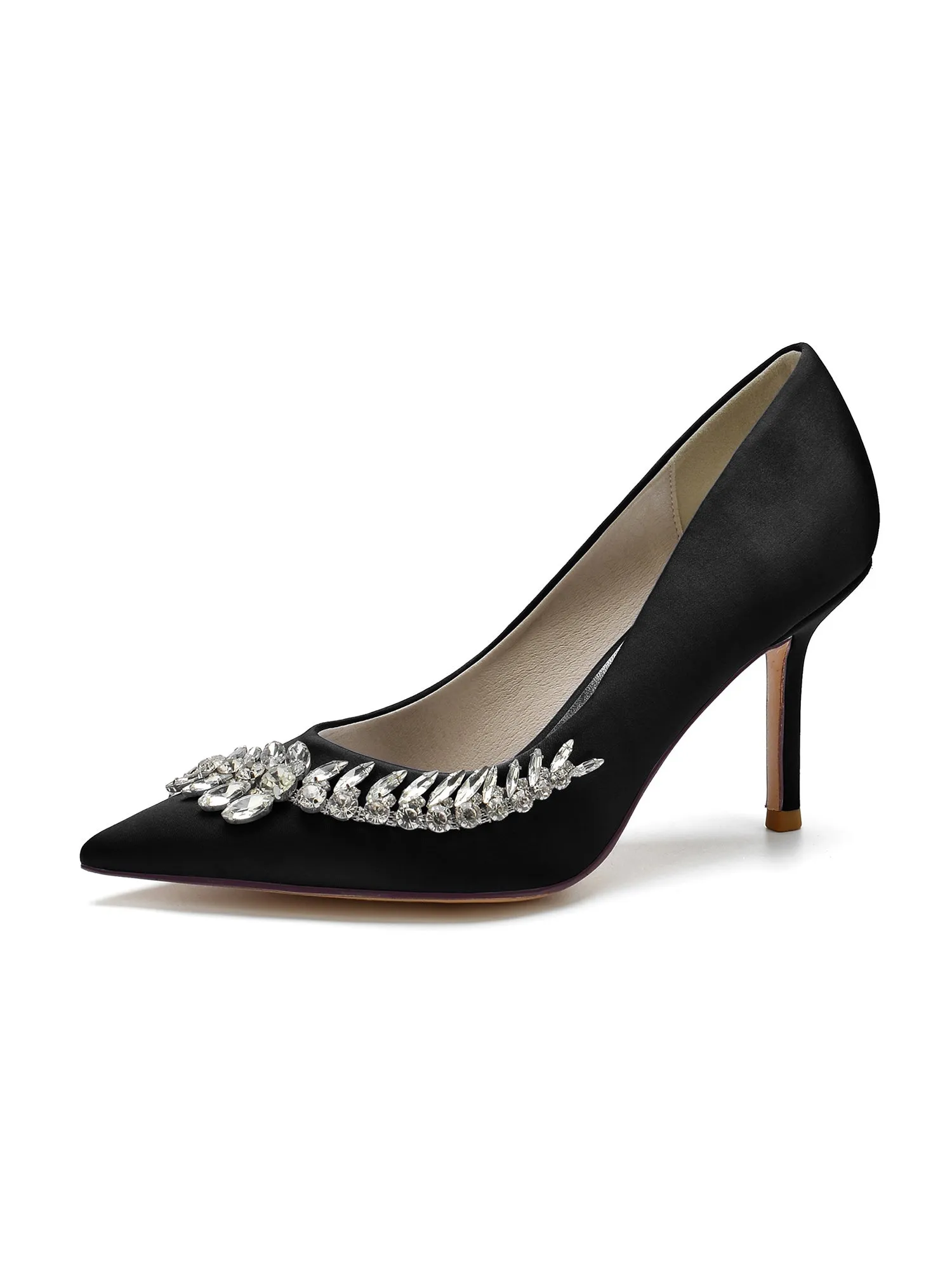 Crystal Side Pointed Toe Satin Pump