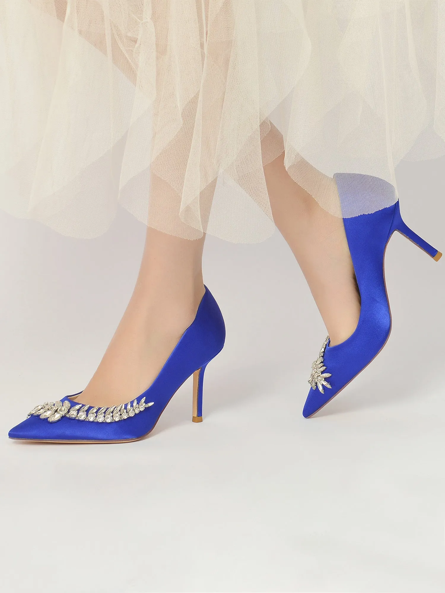 Crystal Side Pointed Toe Satin Pump