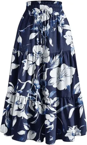 DDAPJ pyju Women's Summer Boho Tiered Maxi Skirt 2025 Trendy Floral Printed Elastic High Waist Pleated Long Beach Skirts