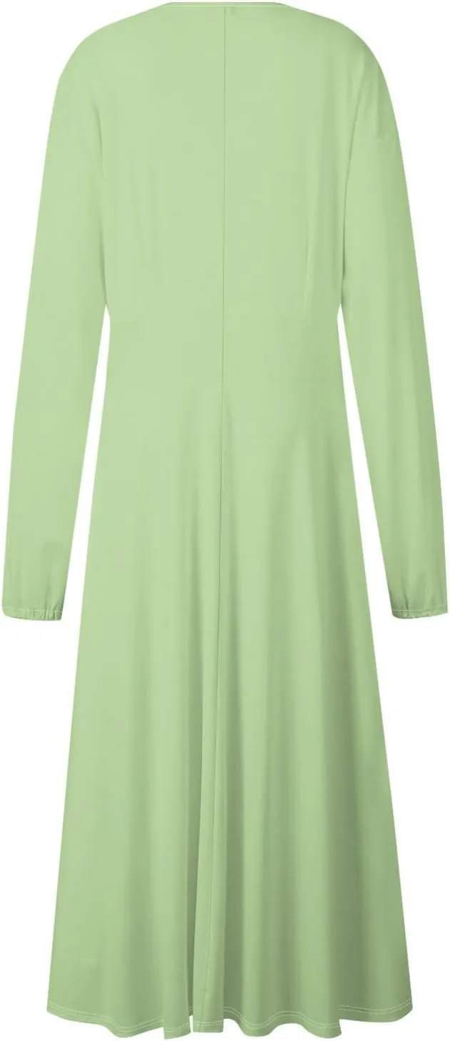 Fall Wedding Guest Dresses for Women Long Sleeve Wrap V Neck Ruffle Belted A-Line Flowy Midi Dresses