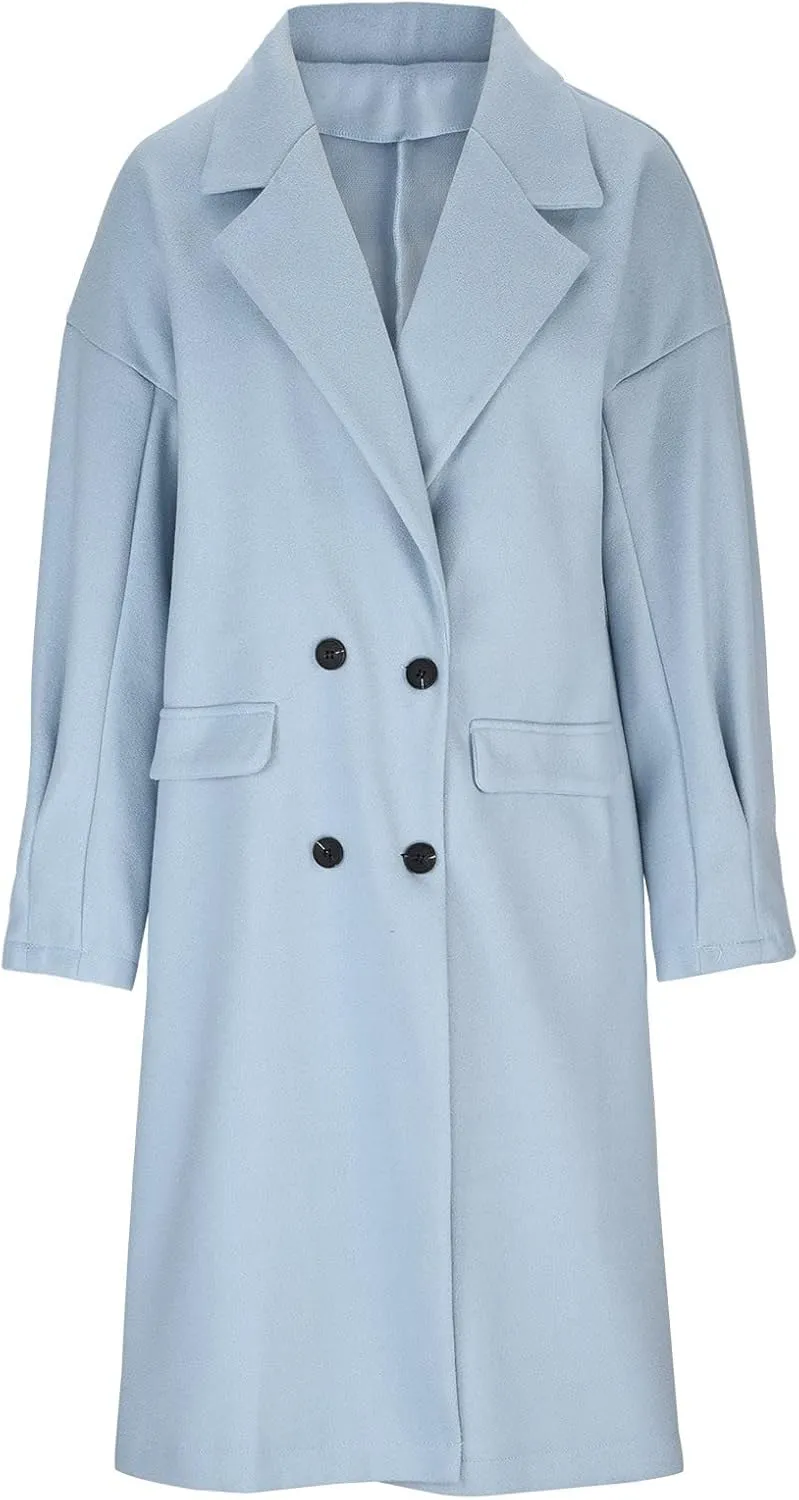 fartey Women's Trench Coats Double-Breasted Classic Lapel Overcoat Oversized Mid-Long Length Wool Blend Pea Coats