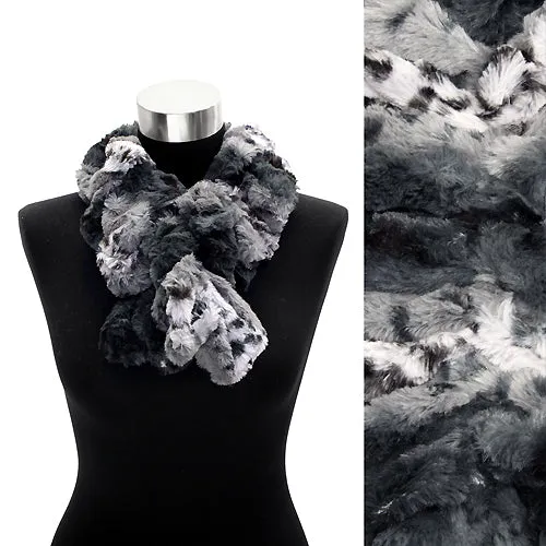 Faux Fur Ruffle Animal Print Scarf Black White
