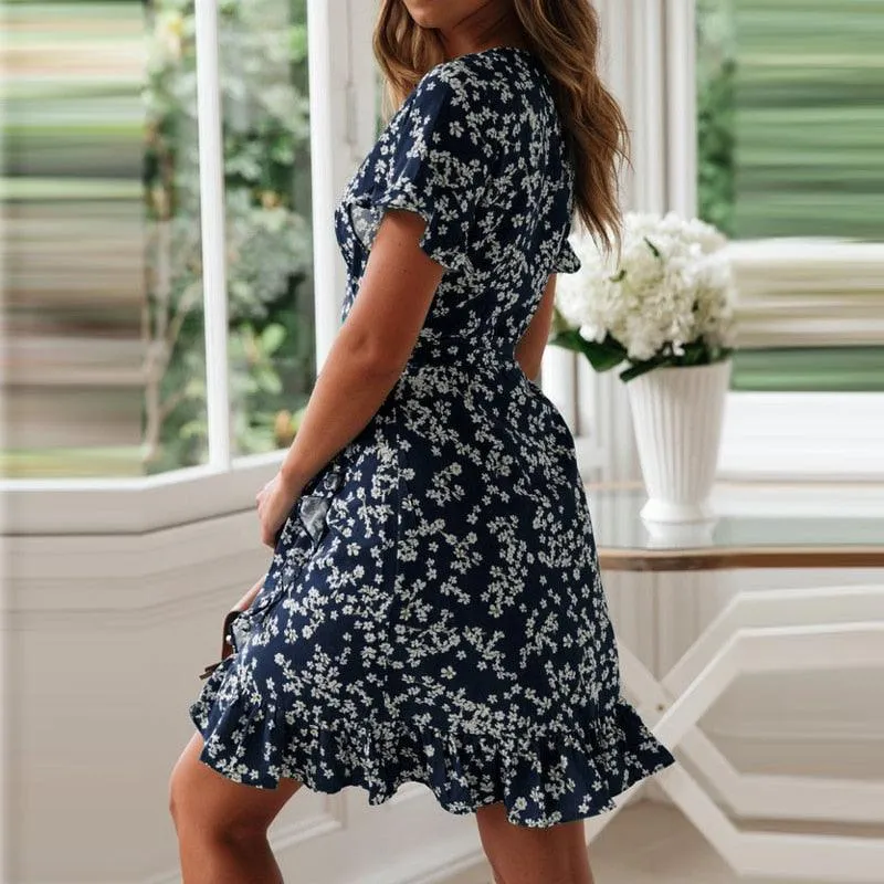 Floral Print Boho Ruffle Sleeve Dress