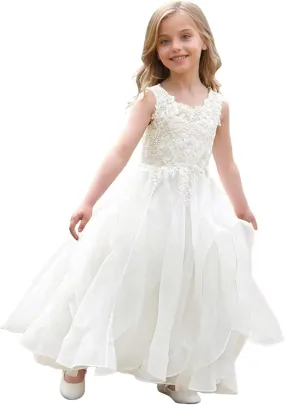 Flower Girl Dresses for Wedding Lace Appliques Pageant Dress Tulle Sleeveless First Communion Dresses for Girls