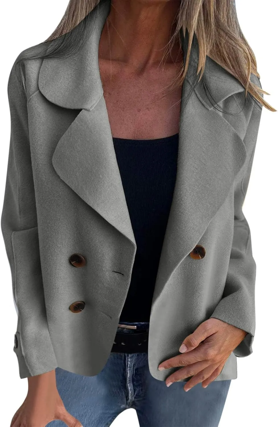 Lmdudan Women's Classic Notched Lapel Coat Double-Breasted Warm Pea Coat 2024 Fashion Solid Color Overcoat with Pockets