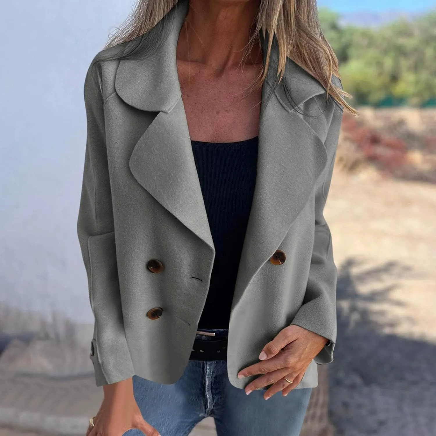 Lmdudan Women's Classic Notched Lapel Coat Double-Breasted Warm Pea Coat 2024 Fashion Solid Color Overcoat with Pockets