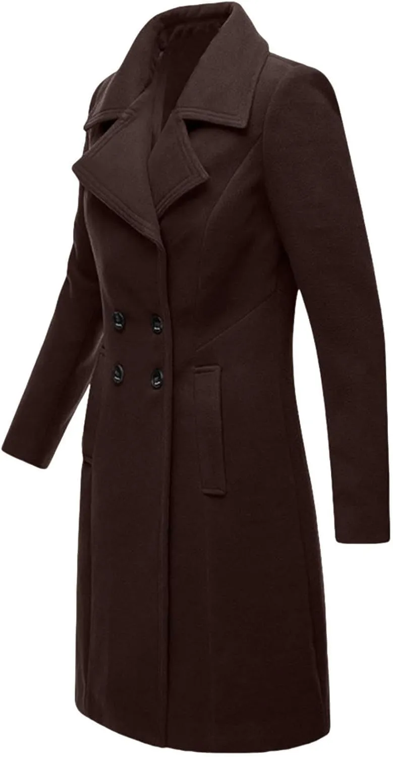 Lmdudan Women's Double Breasted Pea Coat Long Winter Trench Coat Classic Lapel Long Sleeve Jackets Outerwear with Pockets