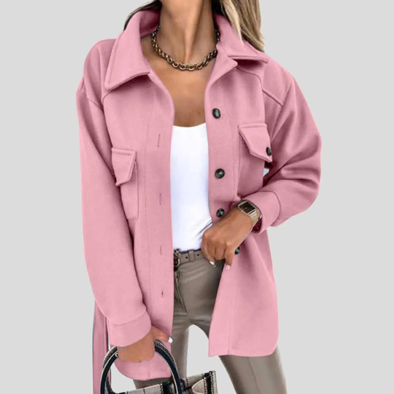 Lmdudan Womens Wool Blend Shacket Jacket Oversized Long Sleeve Button Down Jackets Solid Color Cardigan Outwear with Pocket