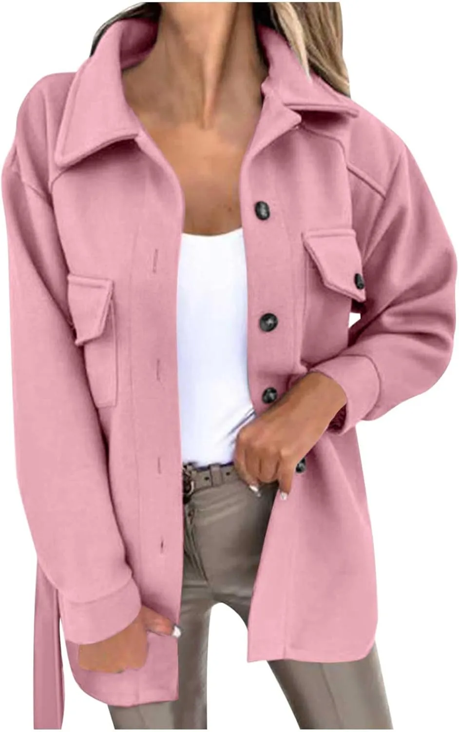 Lmdudan Womens Wool Blend Shacket Jacket Oversized Long Sleeve Button Down Jackets Solid Color Cardigan Outwear with Pocket
