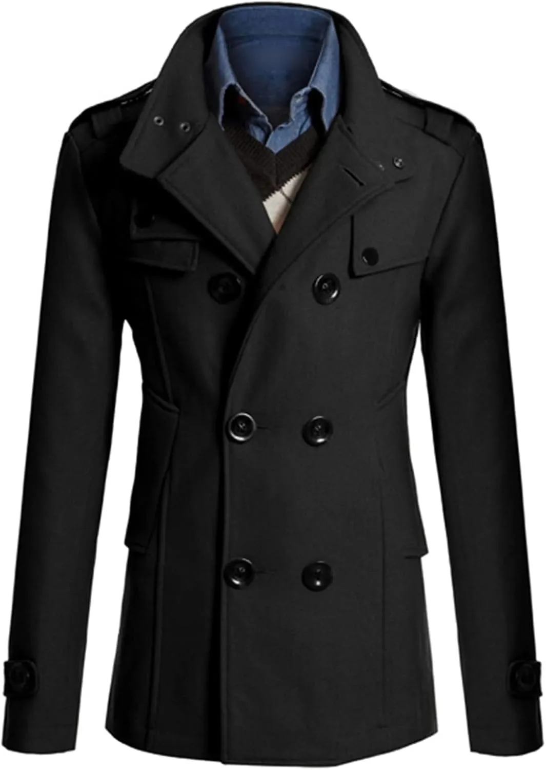 Maiyifu-GJ Men Double Breasted Wool Blend Pea Coat Winter Mid Long Windbreaker Overcoat Slim Fit Warm Trench Coat Outerwear
