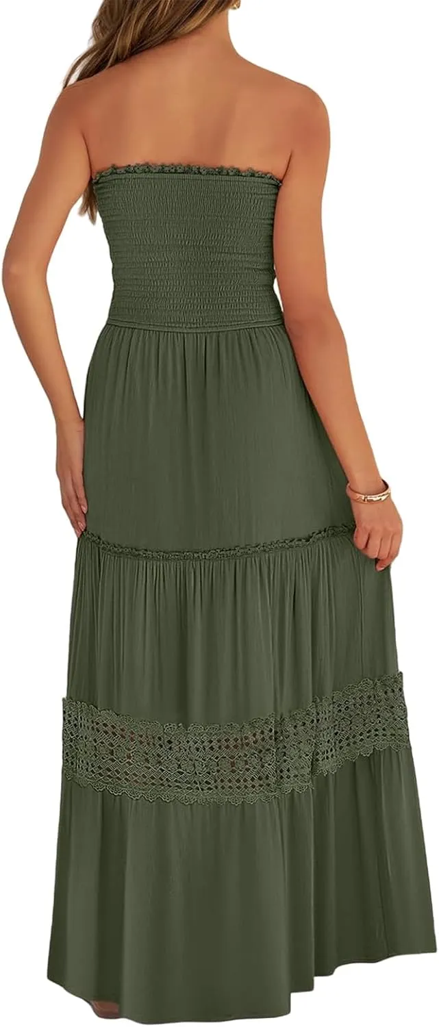 Maxi Dresses for Women Summer Boho Strapless Off Shoulder Dress Smocked Lace Trim Flowy A Line Beach Dress