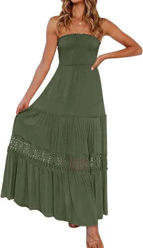Maxi Dresses for Women Summer Boho Strapless Off Shoulder Dress Smocked Lace Trim Flowy A Line Beach Dress