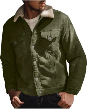 Men's Corduroy Sherpa Lined Trucker Jacket Thickened Warm Winter Bomber Coats Fleece Lined Vintage Lapel Jackets