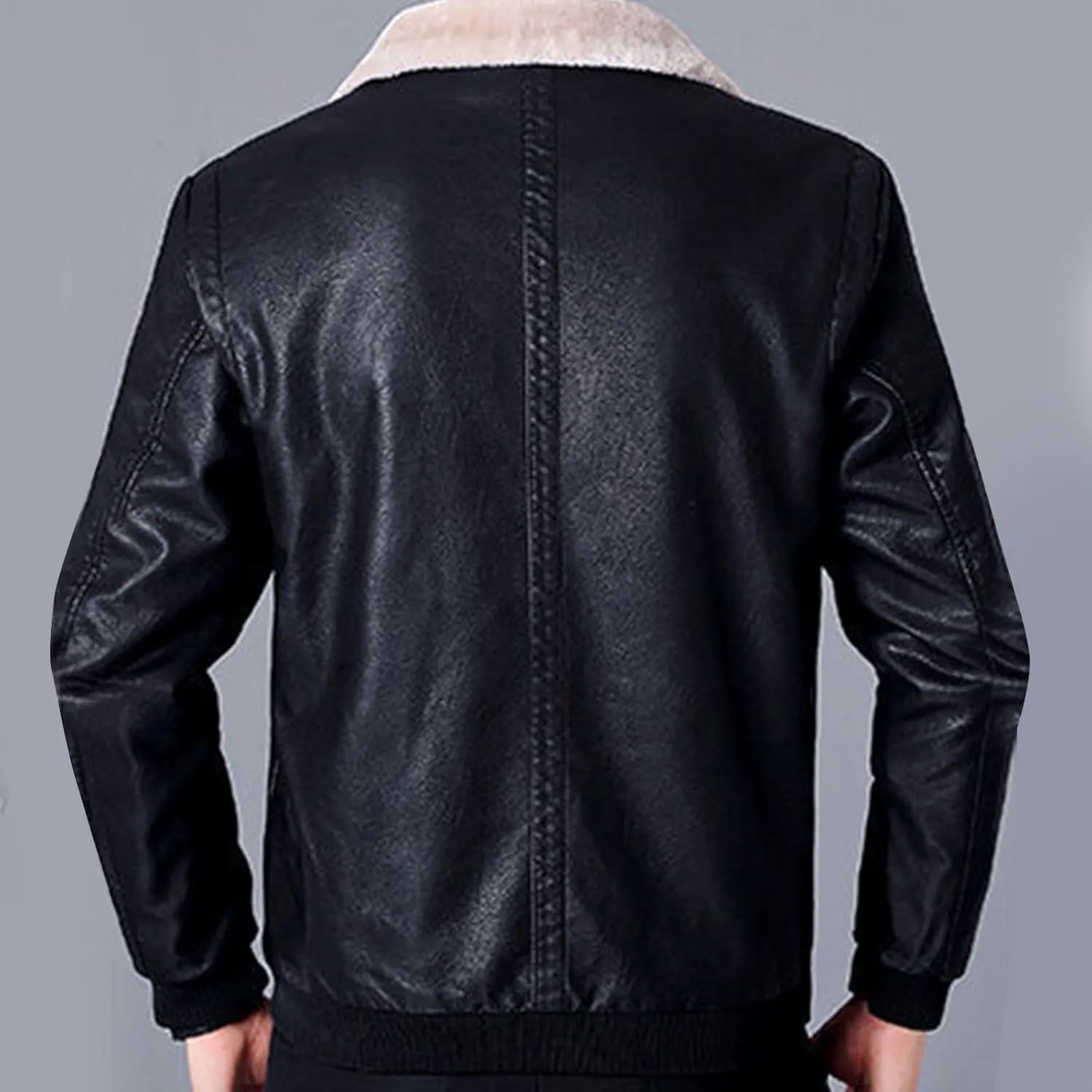 Men's Faux Leather Bomber Jacket Classic Sherpa Lapel Collar Full Zip Fleece Lined Jackets Warm Winter Trucker Coat