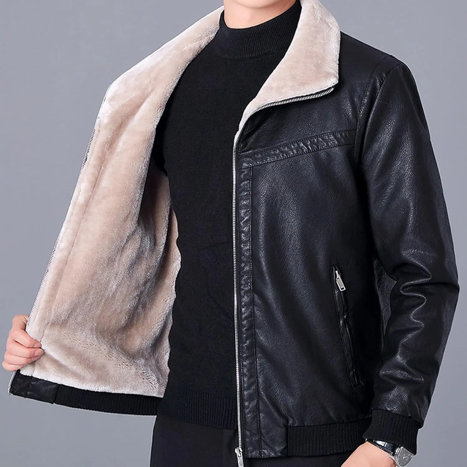 Men's Faux Leather Bomber Jacket Classic Sherpa Lapel Collar Full Zip Fleece Lined Jackets Warm Winter Trucker Coat