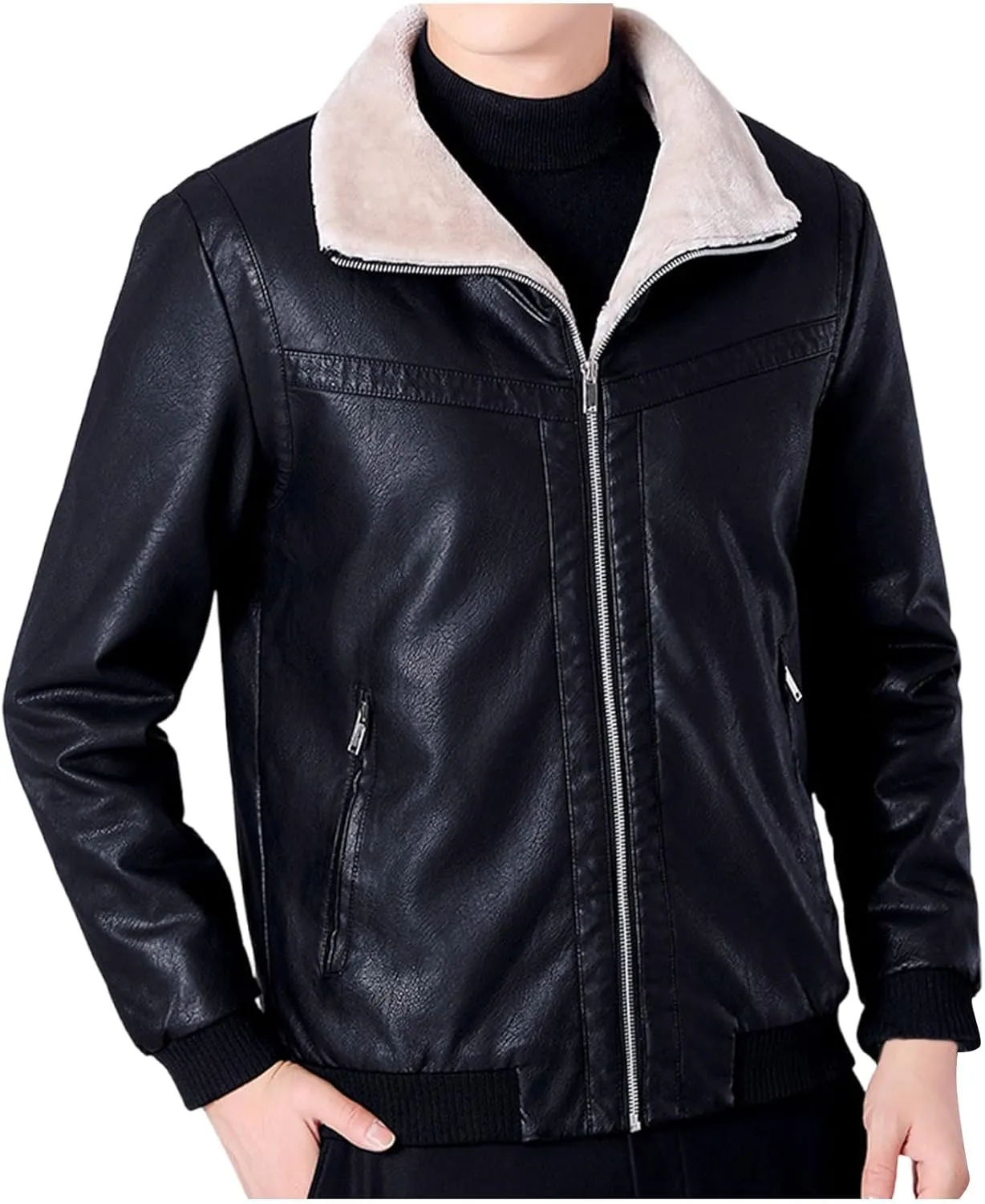 Men's Faux Leather Bomber Jacket Classic Sherpa Lapel Collar Full Zip Fleece Lined Jackets Warm Winter Trucker Coat
