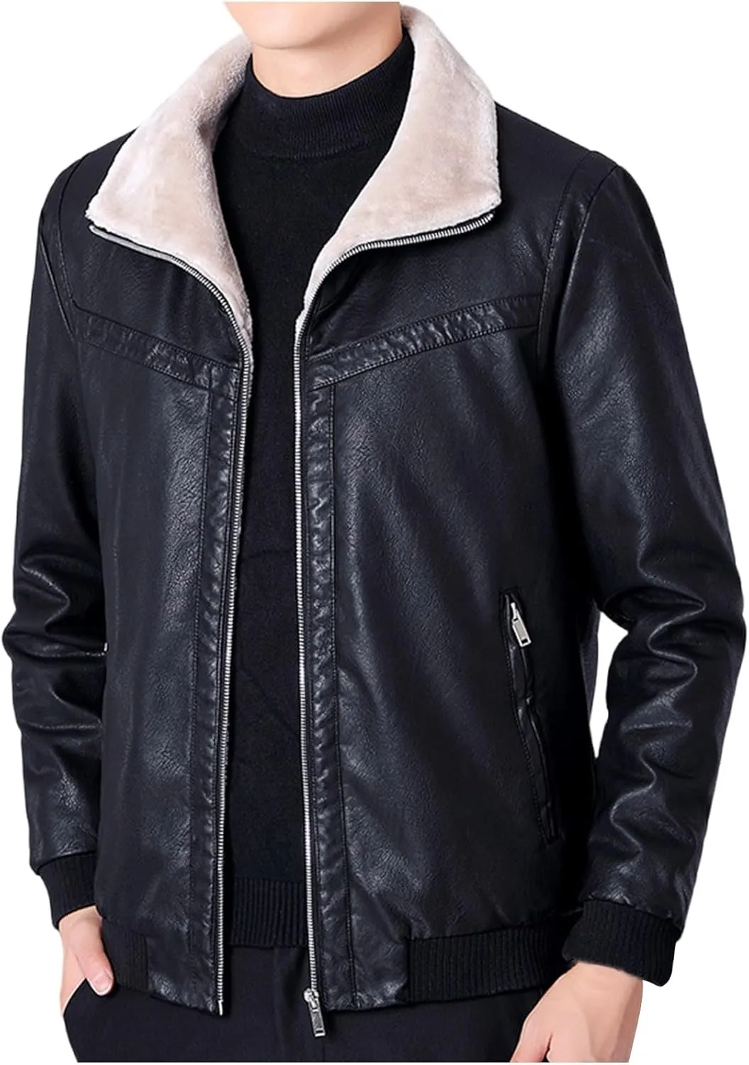 Men's Faux Leather Bomber Jacket Classic Sherpa Lapel Collar Full Zip Fleece Lined Jackets Warm Winter Trucker Coat