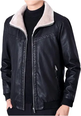 Men's Faux Leather Bomber Jacket Classic Sherpa Lapel Collar Full Zip Fleece Lined Jackets Warm Winter Trucker Coat