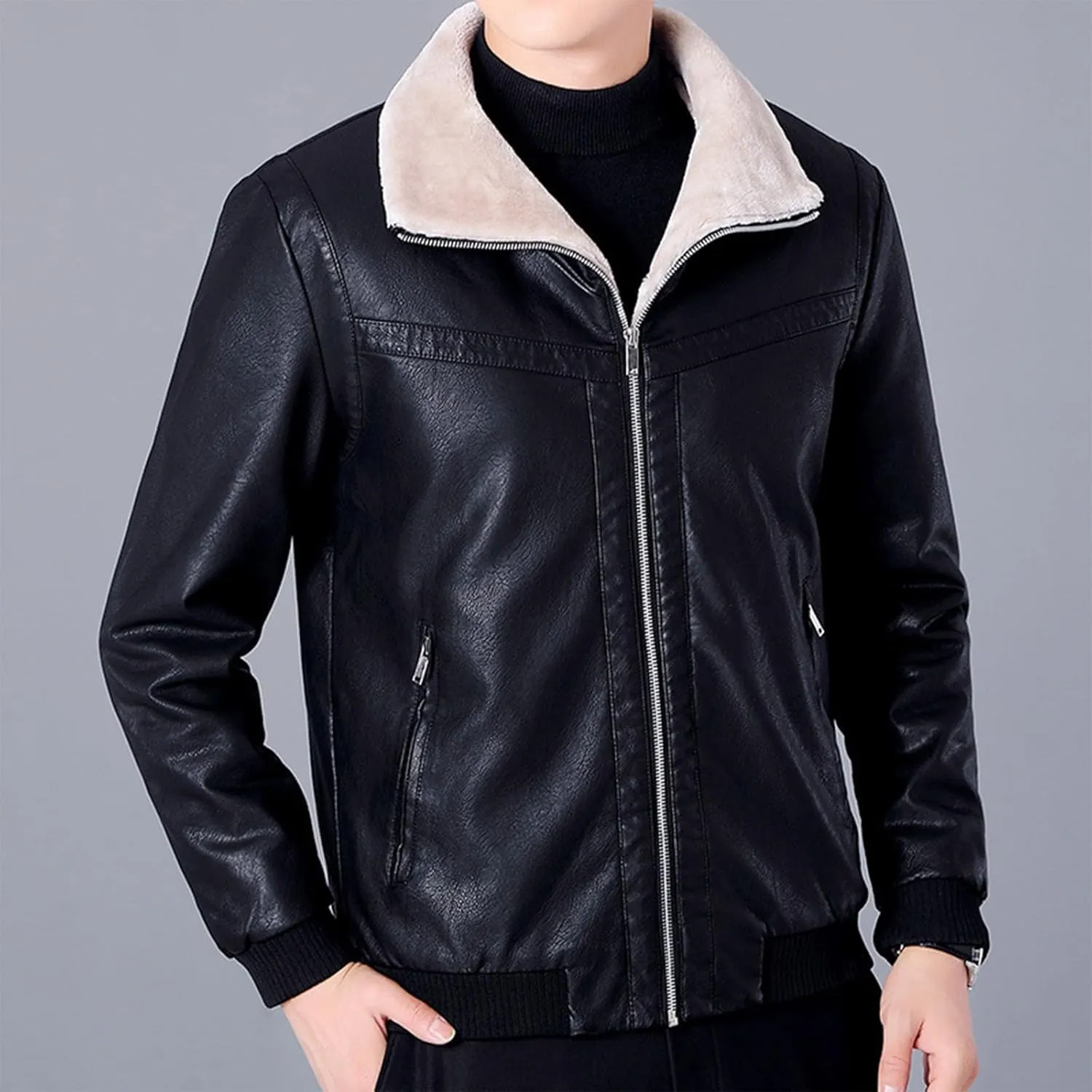 Men's Faux Leather Bomber Jacket Classic Sherpa Lapel Collar Full Zip Fleece Lined Jackets Warm Winter Trucker Coat