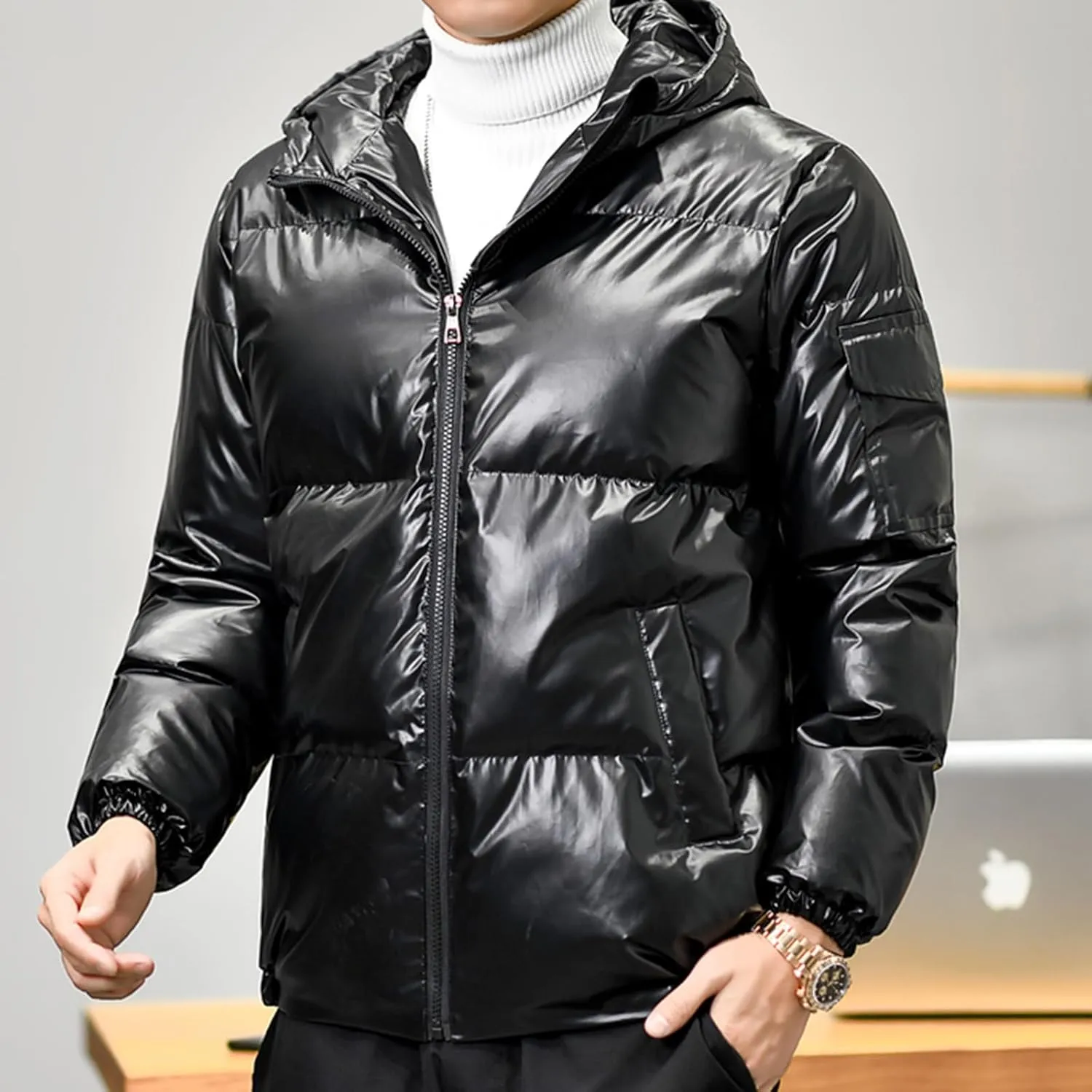 Men's Shiny Winter Jacket Heavyweight Puffer Jackets Casual Coat for Men Full Zip Windproof Stand Collar Down Jacket