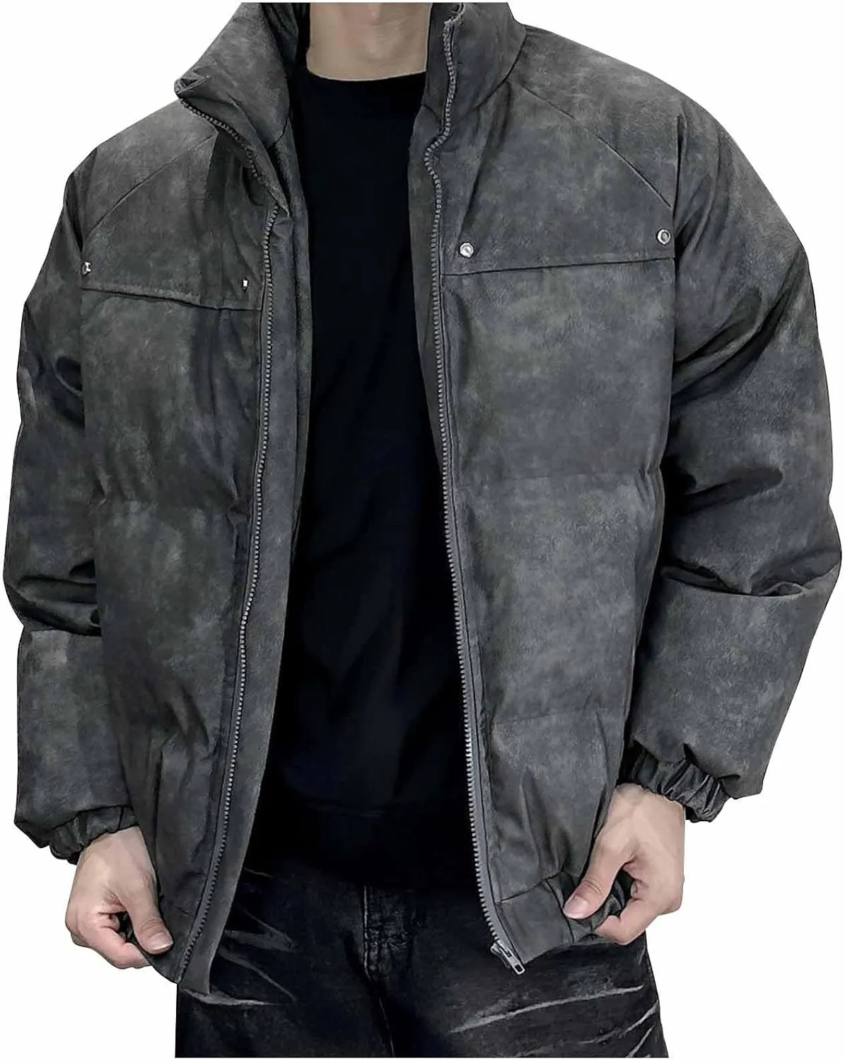 Men's Winter Puffer Jackets Down Coats Faux Leather Jacket Warm Motorcycle Outerwear Thick Padded Overcoats