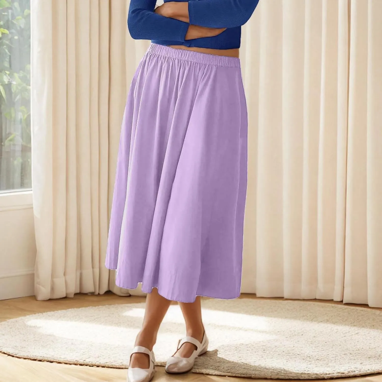 Midi Skirts for Women Summer Casual Elastic High Waisted A-Line Skirts Solid Lightweight Flowy Beach Vacation Clothes