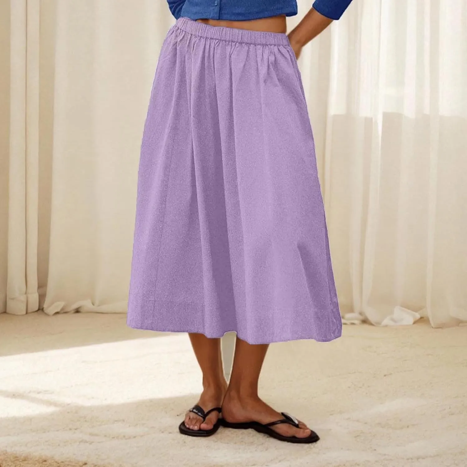 Midi Skirts for Women Summer Casual Elastic High Waisted A-Line Skirts Solid Lightweight Flowy Beach Vacation Clothes