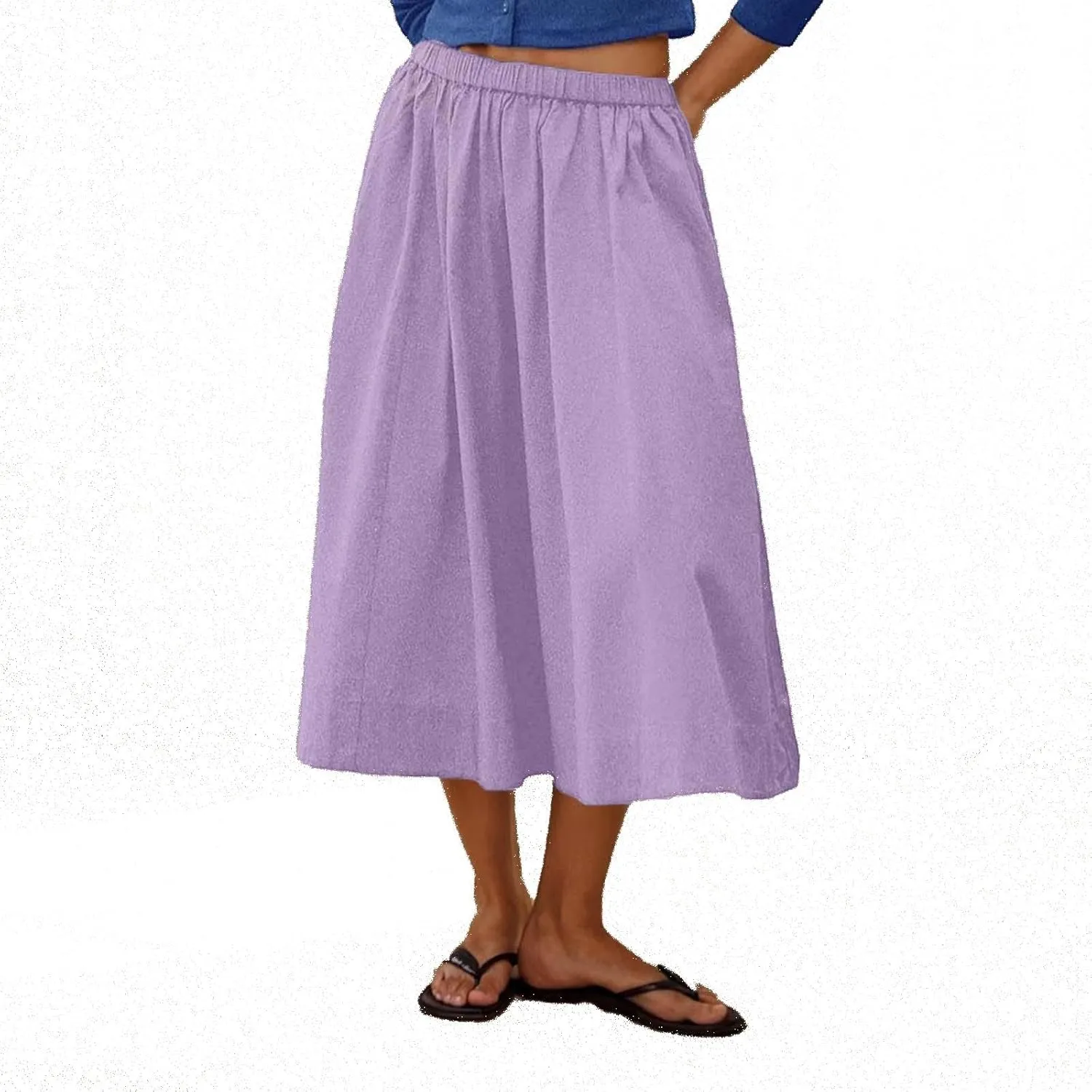 Midi Skirts for Women Summer Casual Elastic High Waisted A-Line Skirts Solid Lightweight Flowy Beach Vacation Clothes