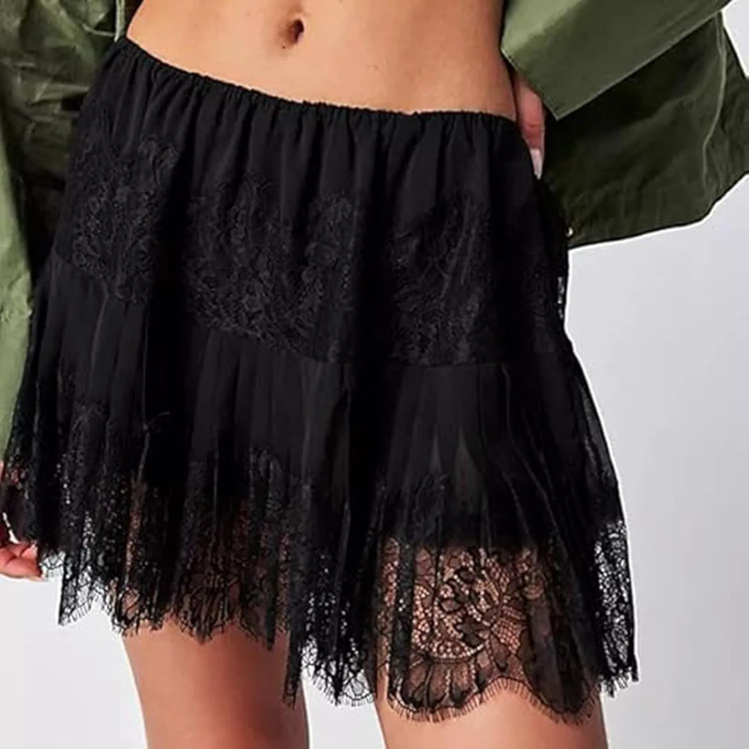 Mini Skirts for Women Trendy Double Ruffle Hem Lightweight Sheer Low Rise Dance Lace Patchwork Short Skirts Summer