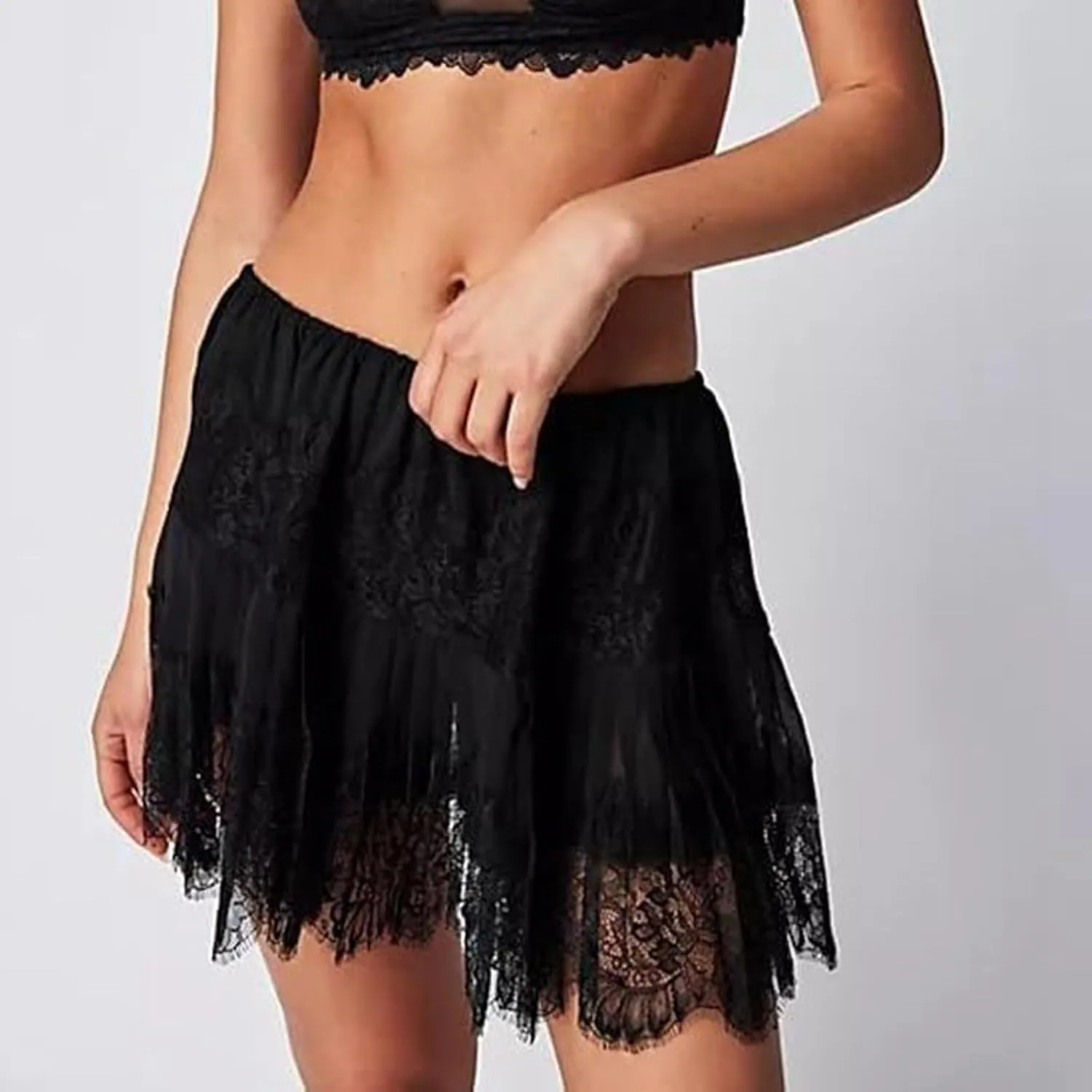 Mini Skirts for Women Trendy Double Ruffle Hem Lightweight Sheer Low Rise Dance Lace Patchwork Short Skirts Summer