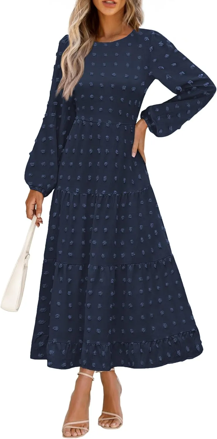 PRETTYGARDEN Women's Fall Spring Elegant Long Sleeve Maxi Dress Swiss Dot A Line Flowy Casual Holiday Party Going Out Dresses