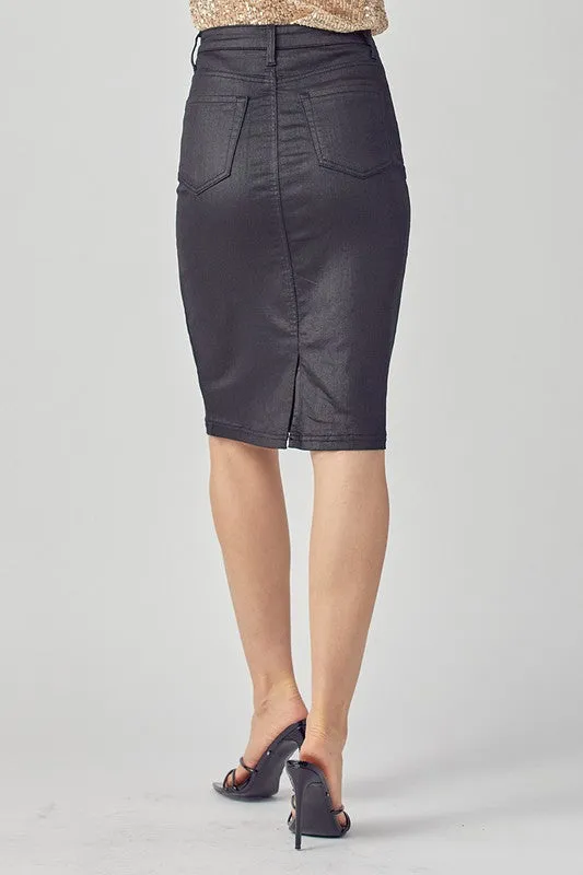 Risen Jeans Denim Pencil Skirt - Coated Black
