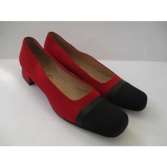 Salvatore Ferragamo Red Boutique Black Toe Square Toe Embossed Logo Flats Size Us