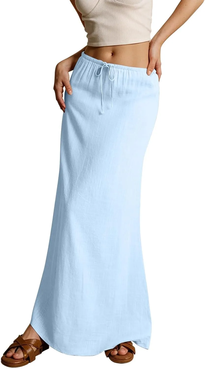 Spring Skirts for Women 2025 Loose Casual Trendy Solid Color Drawstring Beach Vacation Maxi Linen Skirt, S-2XL