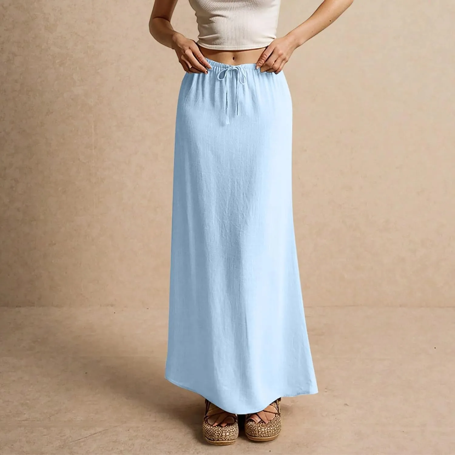 Spring Skirts for Women 2025 Loose Casual Trendy Solid Color Drawstring Beach Vacation Maxi Linen Skirt, S-2XL