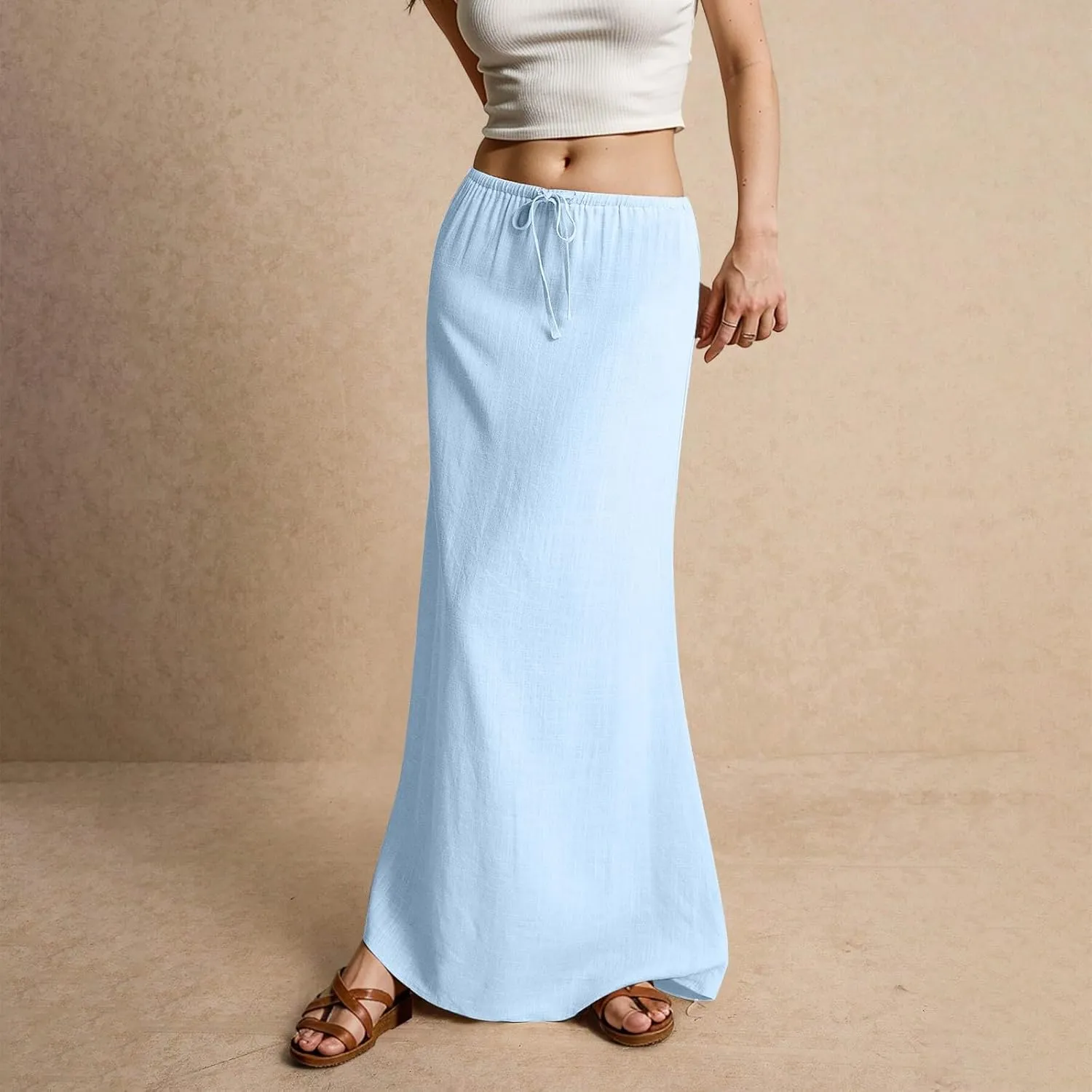 Spring Skirts for Women 2025 Loose Casual Trendy Solid Color Drawstring Beach Vacation Maxi Linen Skirt, S-2XL