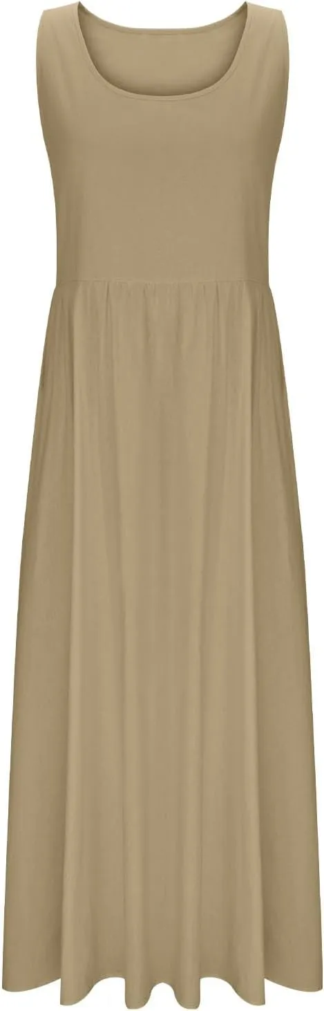Summer Dresses for Women 2025 Casual Sleeveless Solid Color Sundress Loose Fit Round Neck Vacation Beach Dress