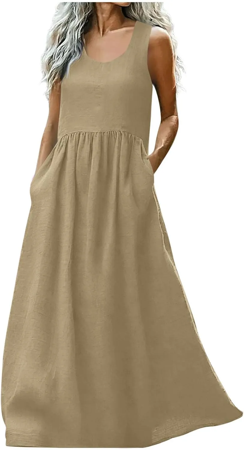 Summer Dresses for Women 2025 Casual Sleeveless Solid Color Sundress Loose Fit Round Neck Vacation Beach Dress