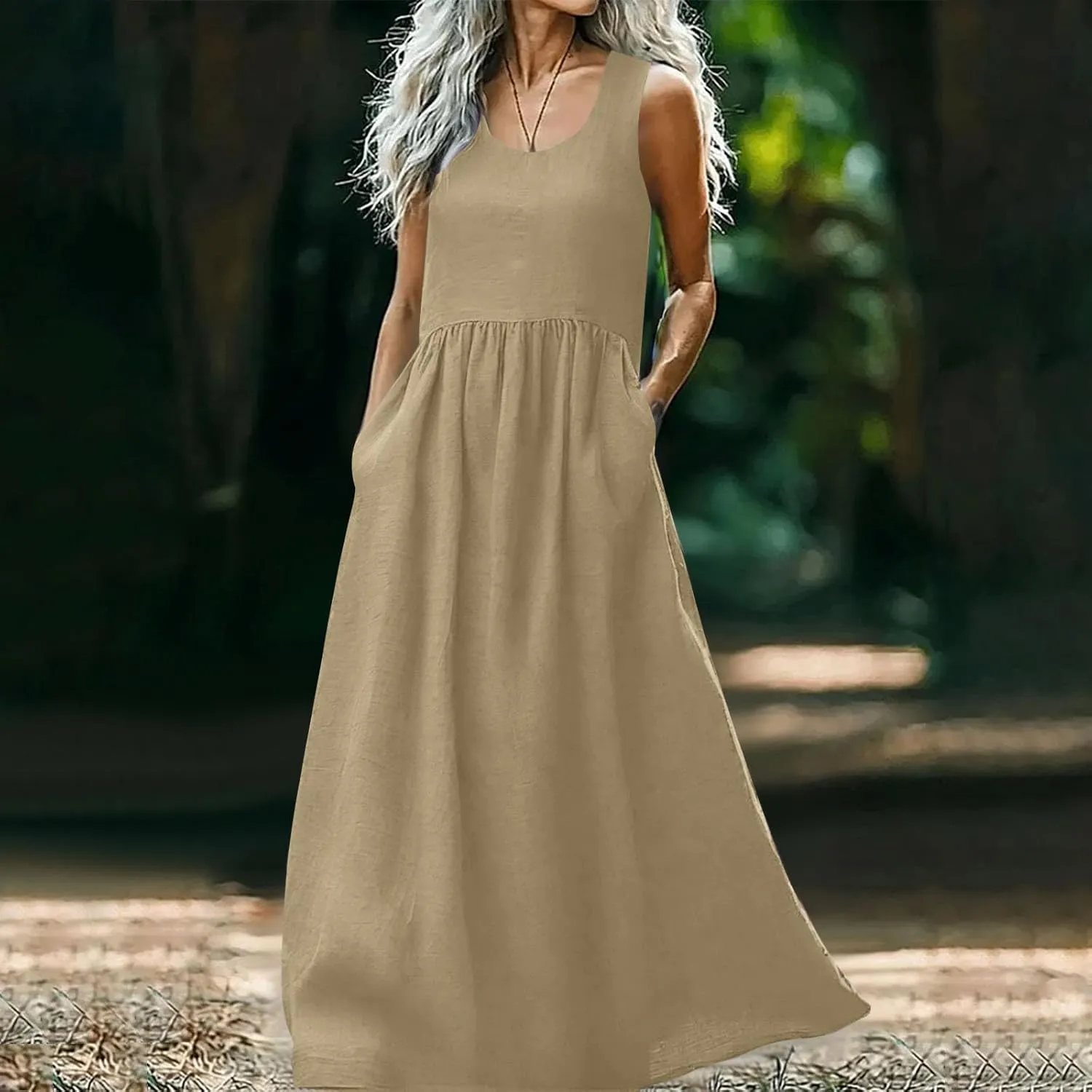 Summer Dresses for Women 2025 Casual Sleeveless Solid Color Sundress Loose Fit Round Neck Vacation Beach Dress