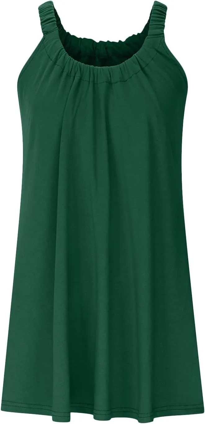 Summer Dresses for Women Casual Sleeveless Fashion Solid Color Dress Loose Round Neck Pleated Vacation Sundress