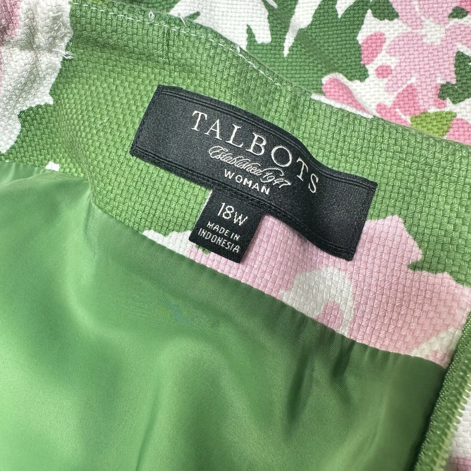 Talbots Skirt Womens 18W Green Pink Floral Lined Career Coastal Woven Cotton