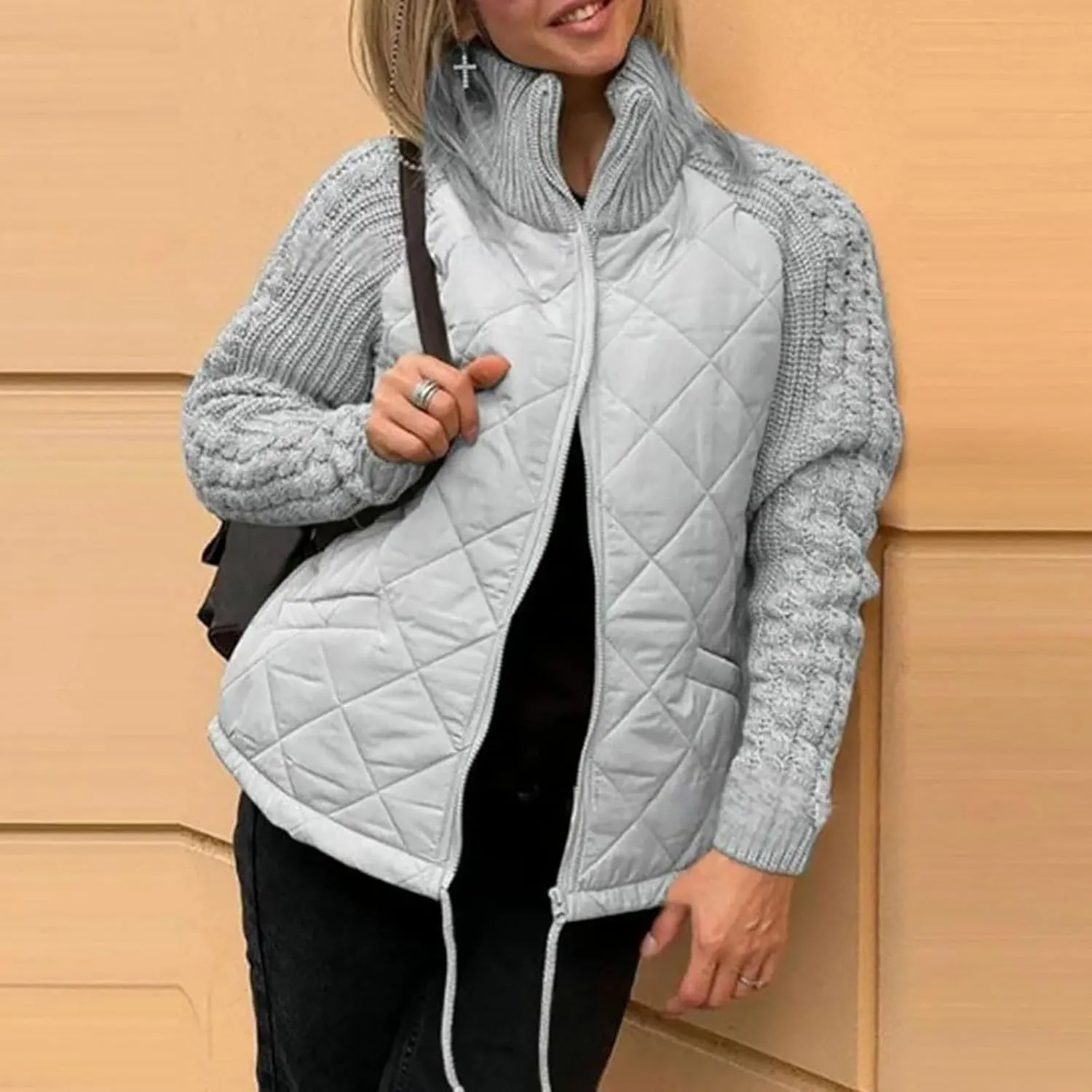 Winter Coats for Women Patchwork Plaid Quitled Jacket Casual Long Sleeve Zipper Puffer Coat 2024 Thicken Warm Outwear