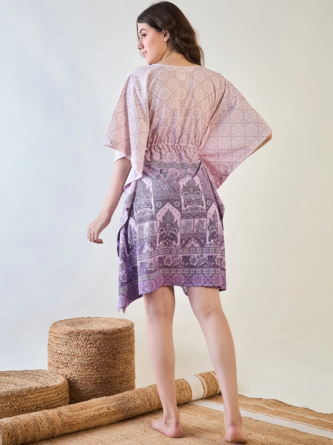 Women's Elegant Purple Patterned Kaftan Dress With Tassel - The Kaftan Company
