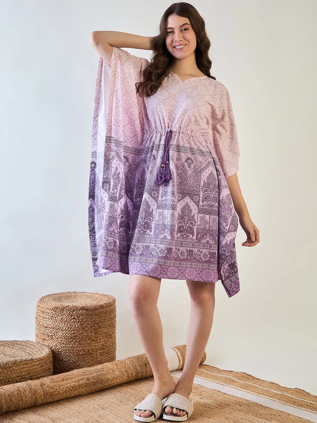 Women's Elegant Purple Patterned Kaftan Dress With Tassel - The Kaftan Company